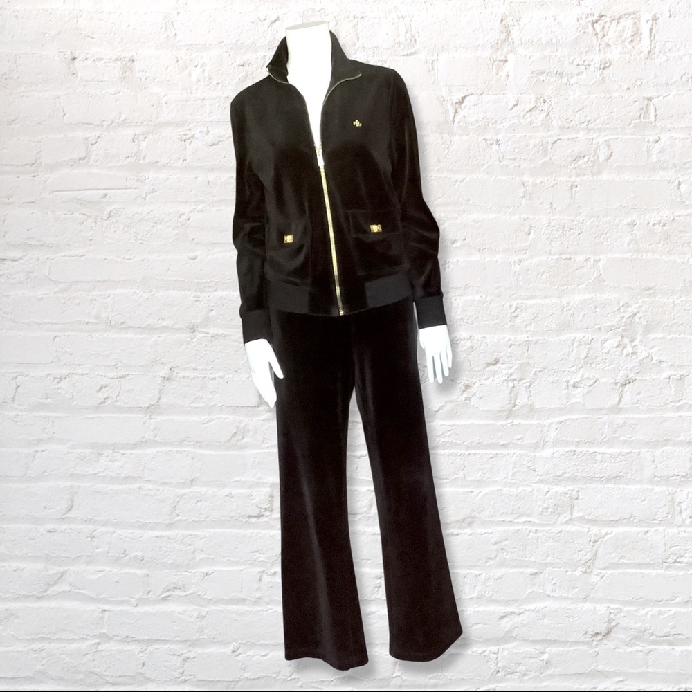 Lauren Ralph Lauren Black Velvet Track Jacket & Flared Joggers Set